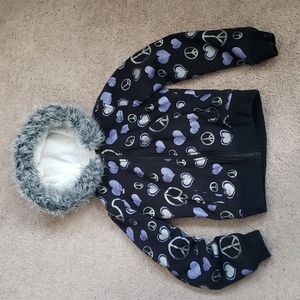 Justice size 10 peace and hearts fleece lined zip hoodie with fur trim